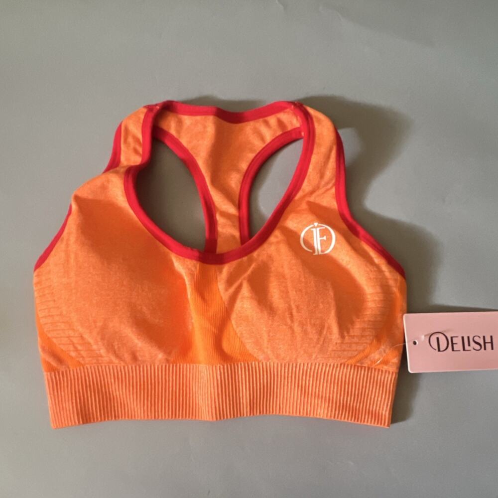 Delish Fetish Orange Red Solid Racerback Sports Bra Pullover Wireless Size S
